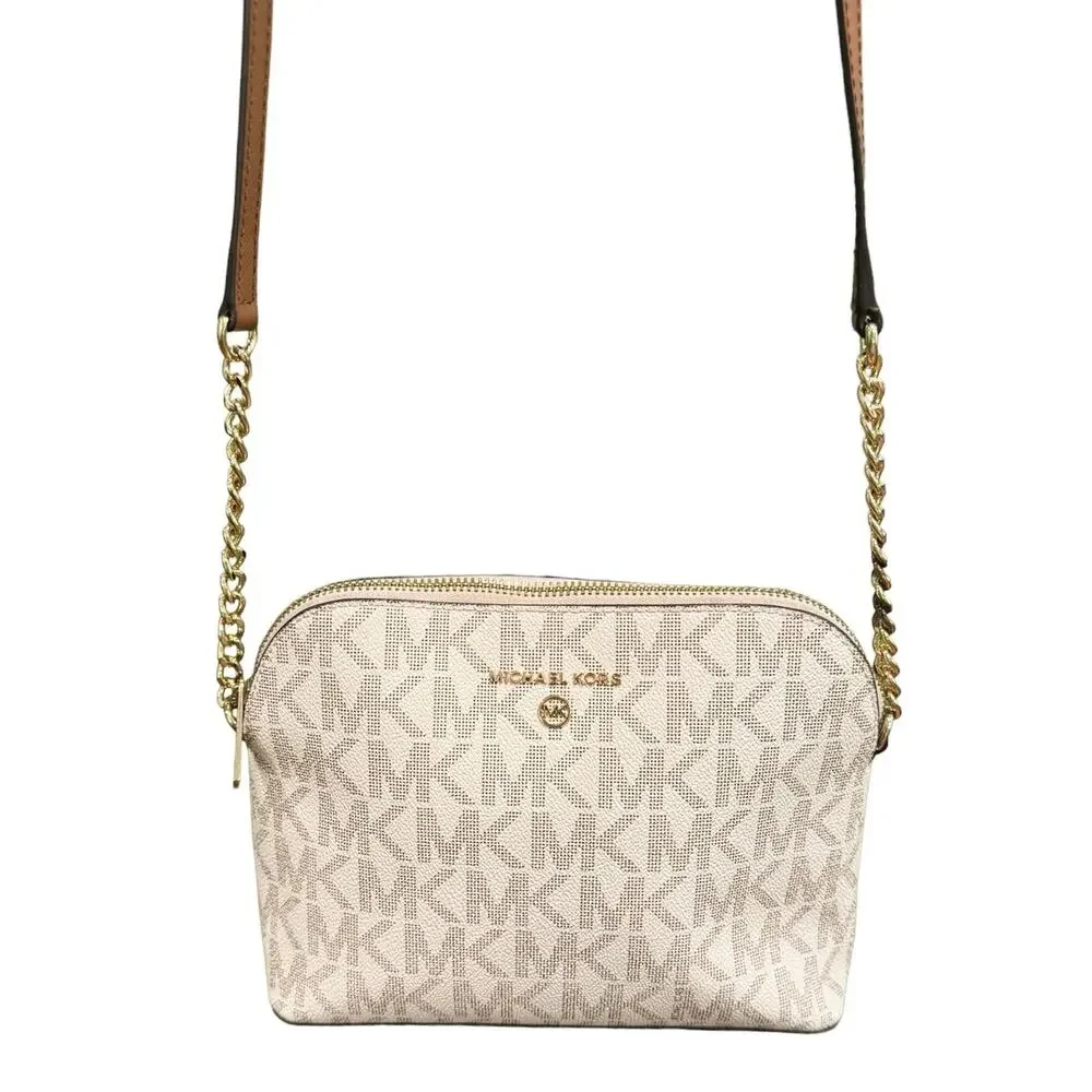 Michael Kors Classic Cream Logo Monogram Crossbody Gold Chain Shoulder Luxury